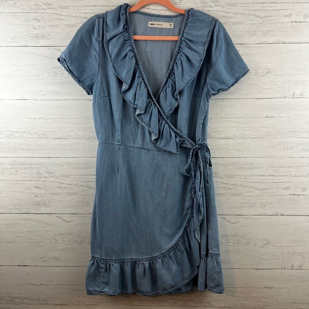 ASOS Chambray Wrap Ruffle Trim Short‎ Sleeve Dress Size 8